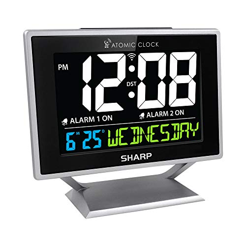 Sharp Atomic Desktop Clock with Color Display - Atomic Accuracy - Easy to Read Screen with Calendar & Day of Week Time/Date Display - Auto Set Digital Dual Alarm Clock - Perfect for Nightstand or Desk