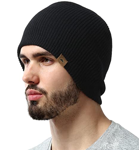 Tough Headwear Winter Beanie Knit Hat for Men & Women - Daily Knit Ribbed Cap - Warm & Soft Stylish Toboggan Skull Caps for Cold Weather Black