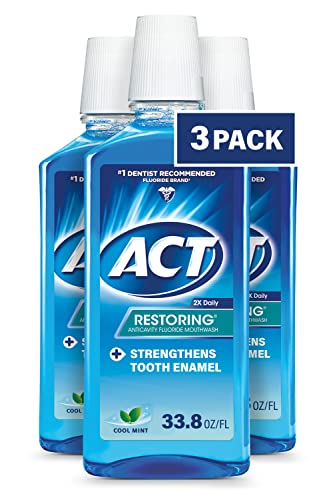 ACT Restoring Fluoride Mouthwash 33.8 fl. oz. Strengthens Tooth Enamel, Cool Mint, Pack of 3