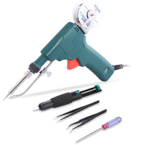 80W Automatic Soldering Gun Kit 5 in 1 Auto Electronics Solder Iron Gun Kit Hand Held Soldering Tools with Desoldering Pump Tweezers Screwdriver Wires for Jewelry Home DIY Circuit Board Repair