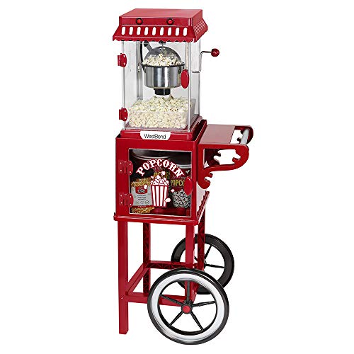 West Bend PCMC20RD13 Wheeled Popcorn Cart with Non-Stick Stainless Steel Popcorn Kettle, Storage Shelf, and Popcorn Scoop for Popcorn Machine, 10 Cup, Red