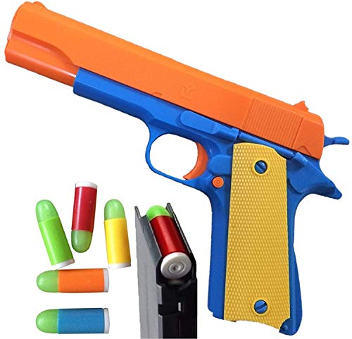 Toshi Station 1911 Toy Gun with Soft Bullets and Ejecting Magazine. Actual Size of Colt M1911 with Slide Action Orange Barrel for Training or Play