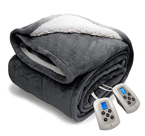 Marquess Queen Electric Blanket Sherpa and Reversible Flannel Washable Heated Comfortable Blanket with 10 Heat Settings/Safety 10 Hours Auto-Off Dual Controllers (84x90''Grey)