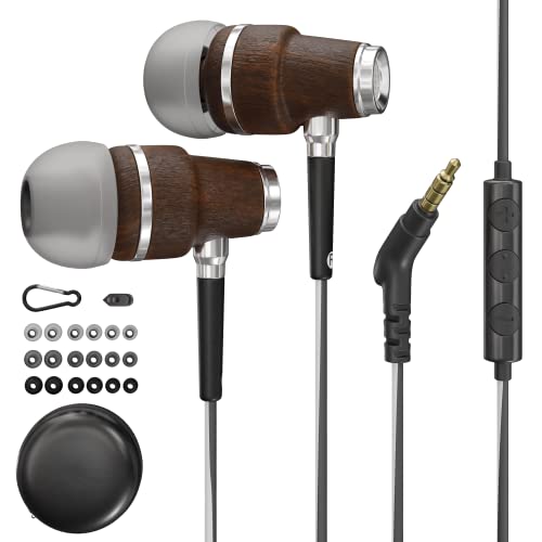 Symphonized Wired Earbuds with Microphone - Noise Isolating Corded Ear Buds with Mic and Volume Control - Wood Comfortable Earphones with Wire for Android, Computer, PC & Laptop 3.5mm (Black & Gray)