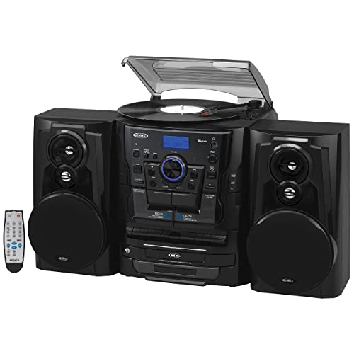 Jensen Bluetooth 3 Speed Stereo Turntable 3 CD Changer Music System with Dual Cassette Deck, Pitch Control and Remote Control
