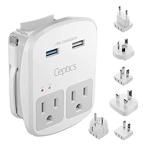 Ceptics World Travel Adapter Kit - QC 3.0 2 USB + 2 US Outlets, Surge Protection, Plugs for Europe, UK, China, Australia, Japan - Perfect for Laptop, Cell Phones, Cameras - Safe ETL Tested