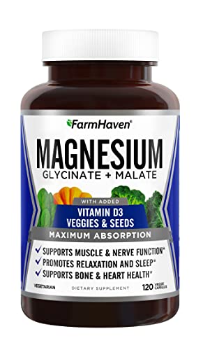 FarmHaven Magnesium Glycinate & Malate Complex w/Vitamin D3, 100% Chelated for Max Absorption, Vegetarian – Bone Health, Nerves, Muscles, 120 Capsules, 60 Days
