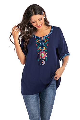 Women's Summer Casual Embroidery Blouse Notch Round -Neck Tassel Short Sleeve Tops (S, Navy)