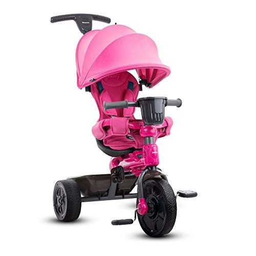 Joovy 4.1 Kids Tricycle with 4-Stages Featuring Extra-Wide Front Tire, Removable and Adjustable Parent Handle, Safety Harness, Machine-Washable Seat Pad, and Retractable Canopy (Pink)