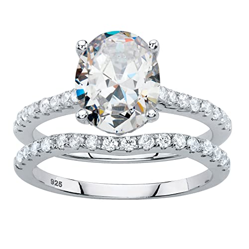 PalmBeach Jewelry Platinum-Plated Sterling Silver Round Princess Oval or Marquise Cubic Zirconia Bridal Ring Set Size 7