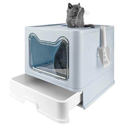 Bolux Foldable Cat Litter Box with Lid, Extra Large Litter Box with Cat Litter Scoop, Drawer Type Cat Litter Pan Easy to Scoop & Low Tracking (Blue, 20' L x 16' W x 15' H)