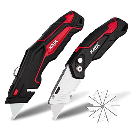 KATA 2-Pack Heavy Duty Utility Knife, Quick Change Blade, Retractable and Folding Box Cutter for Cartons, Cardboard and Boxes With 10pcs SK5 Sharp Blades Included, Blade Storage Design, Red