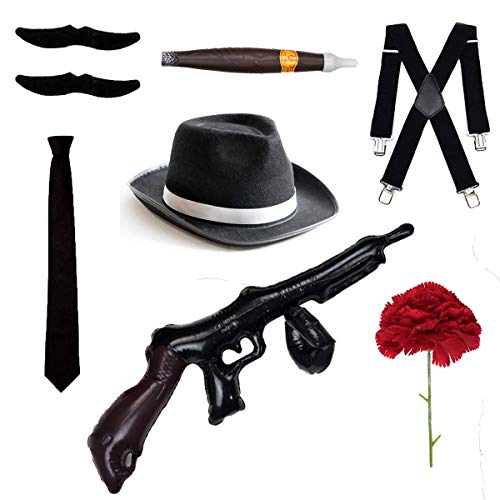 Bodysocks Gangster Costume Accessory Set - Trilby Hat, Tie, Braces, Cigar, Moustaches & Carnation (Black)