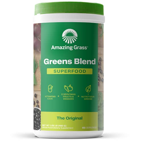 Amazing Grass Greens Blend Superfood: Super Greens Powder Smoothie Mix with Organic Spirulina, Chlorella, Beet Root Powder, Digestive Enzymes & Probiotics, Original, 60 Servings, Boost Energy