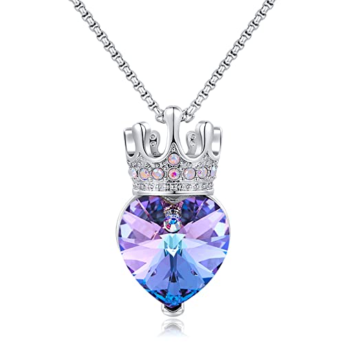 CDE Princess Queen Crown Necklace for Girls Women Heart Pendant Necklaces with Birthstone Crystal, Christmas Valentine’s Day Birthday Party Jewelry Gifts for Daughter Granddaughter Niece Teen Girl