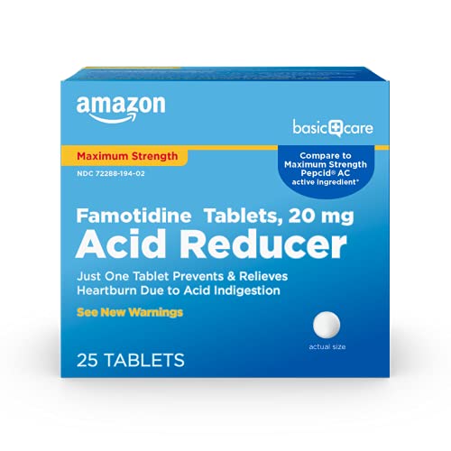 Amazon Basic Care Maximum Strength Famotidine Tablets 20 mg, Acid Reducer for Heartburn Relief, 25 Count
