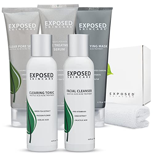 Exposed Skin Care Acne Treatment Kit - Includes Facial Cleanser, Clearing Tonic, Acne Treatment Serum, Clear Pore Serum, Clarifying Mask, Cloth - Natural Acne Solution for Face, All Ages & Skin Types