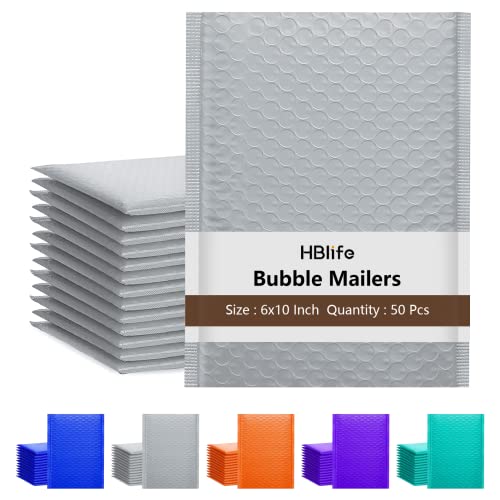 HBlife 50 Pcs Bubble Mailers, 6x10 Inches Self Seal Gray Poly Mailers, Padded Envelopes Shipping Bags Packaging for Small Business