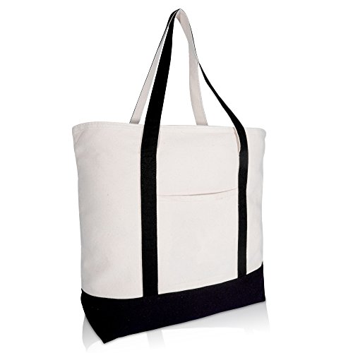 DALIX 22' Large Cotton Canvas Zippered Shopping Tote Grocery Bag in Black