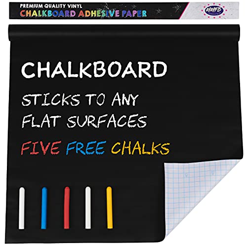 MMFB Black Board Sticker Dry Erase, Chalkboard Wallpaper Stick and Peel Adhesive Roll with 5 Chalks for Wall, Tables, Schools, Home (17.8' X 90.5', 1 Pack)