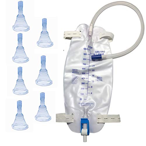 Male Complete Kit Urinary Incontinence 7-Condom Catheters External Self-Seal,Premium Leg Bag （1000ml）with 18' Tubing, Straps & Fast and Easy Draining (31mm (Intermediate))