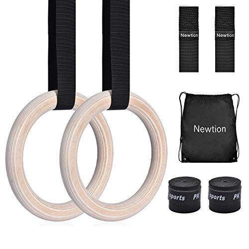 Newtion Wooden Professional Gymnastic Fitness Rings with 15ft Adjustable Buckle Straps Anti-Slip Sweat-Absorbent Hand Tape Exercise Rings for Cross-Training Workout, Gymnastics, Bodybuilding, Pull-Ups