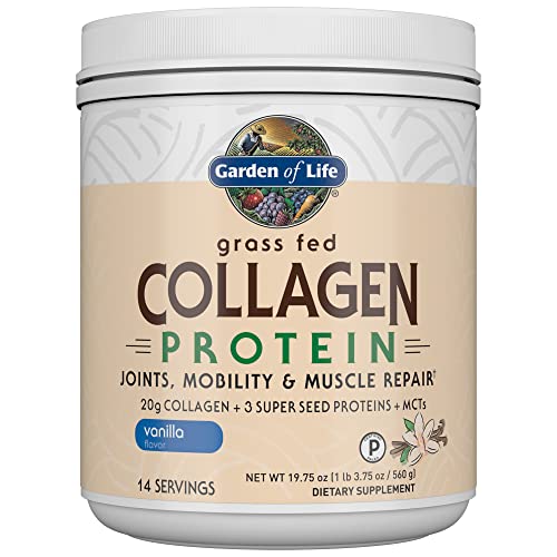 Garden of Life Grass Fed Collagen Protein Powder - Vanilla, 14 Servings, Collagen Powder for Joints Mobility Muscle Repair, Collagen Peptides, Super Seeds Coconut MCTs, Hydrolyzed Collagen Supplement