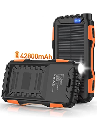 Solar Power Bank,Solar Charger,42800mAh Power Bank,Portable Charger,External Battery Pack 5V3.1A Qc 3.0 Fast Charging Built-in Super Bright Flashlight (Orange)