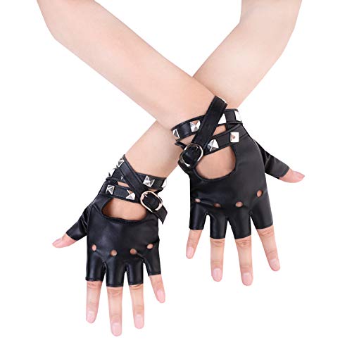 JISEN Women Punk Rivets Belt Up Half Finger PU Leather Performance Gloves Black