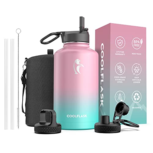 Coolflask Water Bottle Insulated 64 oz with Straw & 3 Lids, Half Gallon Water Jug Large Metal Stainless Steel Wide Mouth, BPA-Free Keep Cold 48H Hot 24H, Bubblegum Princess