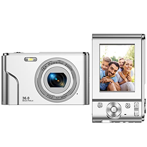 Digital Camera FHD 1080P Mini Video Camera 36MP Vlog Camera for YouTube 2.4 Inch IPS LCD Display Compact Pocket Camera with 16X Digital Zoom Anti-Shake Burst Shoot for Kids Students Teenager - Silver