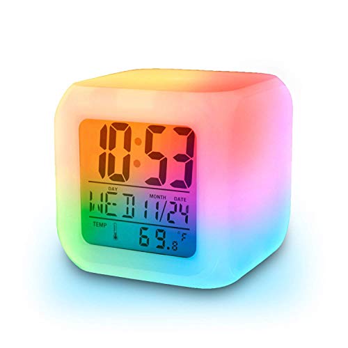 vinmax Digital Alarm Thermometer Night Glowing Cube 7 Colors Clock LED Change LCD for Bedroom Child