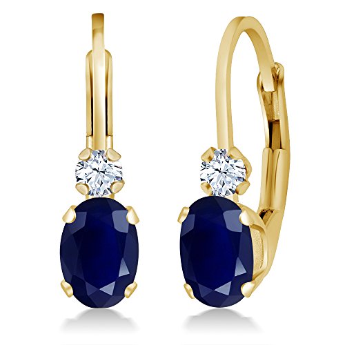 Gem Stone King 14K Yellow Gold Blue Sapphire and White Created Sapphire Earrings For Women (1.18 Cttw, Gemstone Birthstone, Oval 6X4MM, Round 2MM, 3/4 Inch)