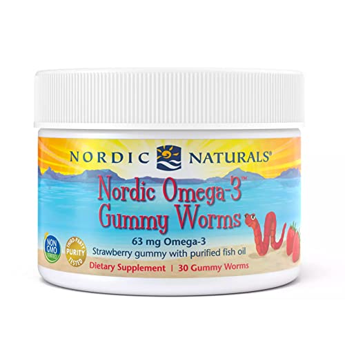 Nordic Naturals Nordic Omega-3 Gummy Worms, Strawberry - 30 Gummy Worms - 63 mg Total Omega-3s with EPA & DHA - Non-GMO - 30 Servings