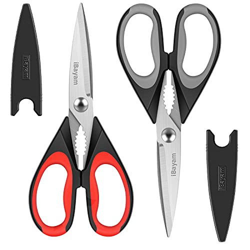 Kitchen Shears, iBayam Kitchen Scissors Heavy Duty Meat Scissors Poultry Shears, Dishwasher Safe Food Cooking Scissors All Purpose Stainless Steel Utility Scissors, 2-Pack (Black Red, Black Gray)