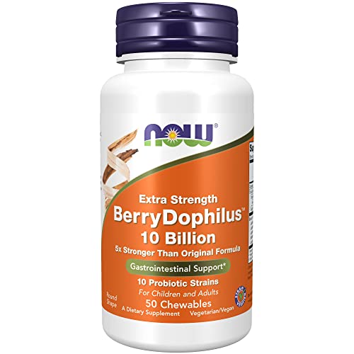 NOW Supplements, BerryDophilus, Developed for Adults & Children with 10 Probiotic Strains, Extra Strength,Strain Verified, 50 Chewables