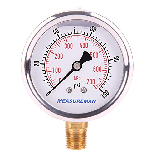 MEASUREMAN 2-1/2' Dial Size, Glycerin Filled Pressure Gauge, 0-100psi/kpa, 304 Stainless Steel Case, 1/4'NPT Lower Mount