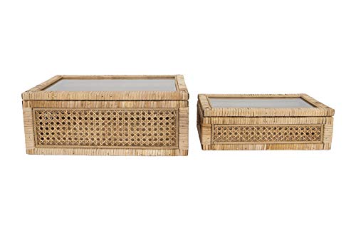 Creative Co-Op Woven Rattan Display Boxes with Glass Lids & Fir Wood Frame (Set of 2 Sizes)