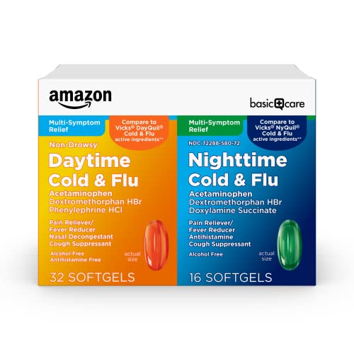 Amazon Basic Care Cold and Flu Relief, Daytime and Nighttime Combo Pack Softgels, Powerful Cold Medicine for Day and Night Multi-Symptom Relief, 48 Count