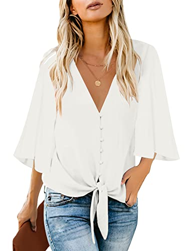 luvamia Women's V Neck Tops Ruffle 3/4 Sleeve Tie Knot Blouses Button Down Shirts, A White Button Down Size XL