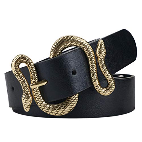 taffeta alley Black Leather Belts for Women,Womens Belts for Dresses Jeans, Black Snake Belt, Black Belts for Women Gold Buckle 100cm