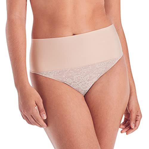Maidenform womens Tame Your Tummy Shaping Lace Thong With Cool Comfort Dm0049 Waist Shapewear, Transparent/Nude Lace, Large US