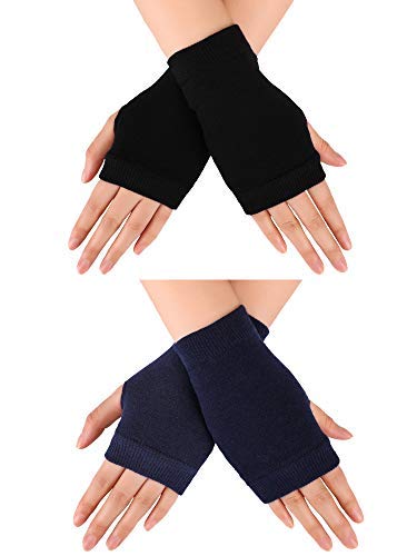 Blulu Fingerless Warm Gloves with Thumb Hole Cozy Half Fingerless Driving Gloves Knit Mittens for Men, Women (Black, Navy Blue, 2 Pairs)