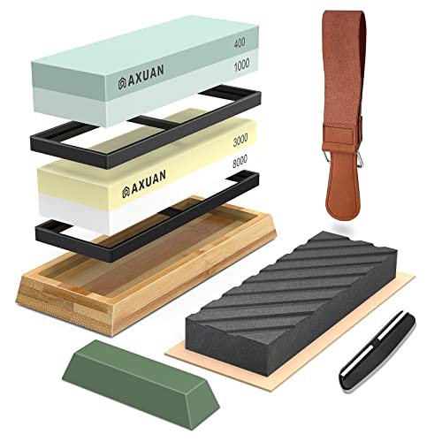 AXUAN Sharpening Stone Whetstone Set,Premium 4 Side Grit 400/1000 3000/8000,Professional Kitchen Knife Sharpener Kit with NonSlip Bamboo Base,Leather Strop,Flattening Stone,Angle Guide