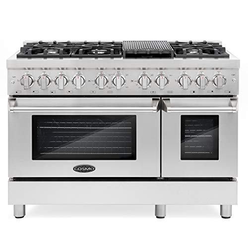 COSMO COS-DFR486G Commercial-Style 48 in. 5.8 cu. ft. Double Oven Dual Fuel Range with 6 Sealed Burners in Stainless Steel