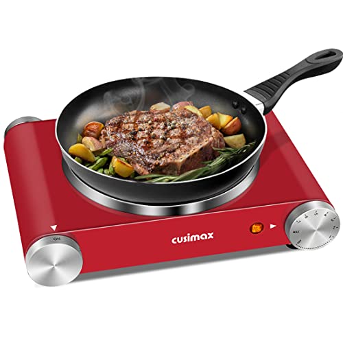 Hot Plate, CUSIMAX Electric Stove, 1500W Hot Plate Cooking, Electric Burner Single Burner Cast Iron Hot Plates Portable Burner with Adjustable Temperature Control, Stainless Steel Red,Upgraded Version