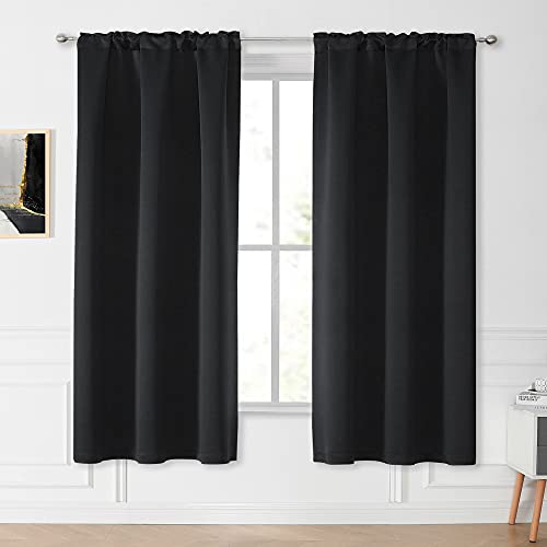 KEQIAOSUOCAI Black Out Curtain 63 Inch Long 2 Panels for Living Room - Rod Pocket Thermal Insulating Blackout Drapes Curtains Block Heat for Bedroom (1 Pair, 42W x 63L, Jet Black)