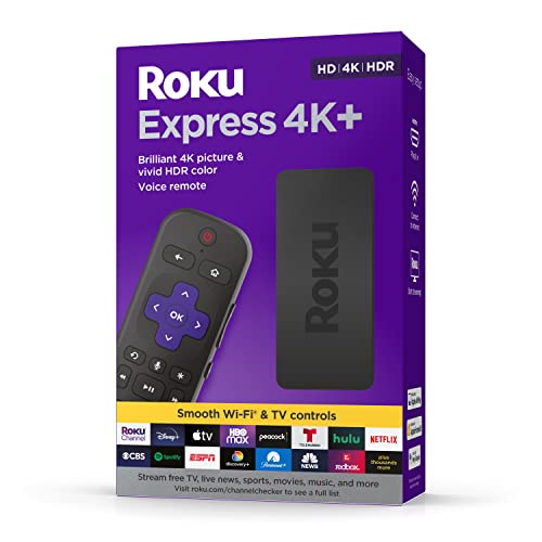 Roku Express 4K+ | Streaming Media Player HD/4K/HDR with Smooth Wireless Streaming and Roku Voice Remote with TV Controls, Includes Premium HDMI Cable