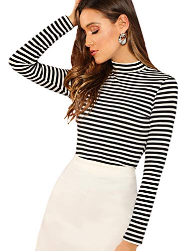 Floerns Women's High Neck Long Sleeve Slim Fit Stretch Striped T-Shirts Black and White, M