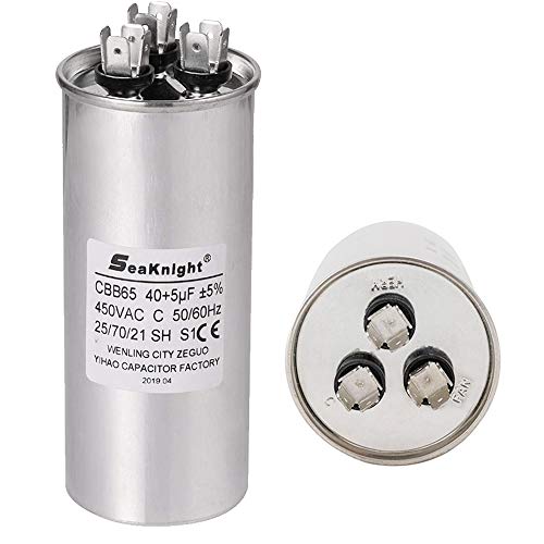 SingPad Seaknight Capacitor for AC 40/5 MFD uF 450VAC Compressor Motor and Fan Start CBB65 Aluminum Can Dual Run Round Capacitor for Condenser Straight Cool or Heat Pump Air Conditioner